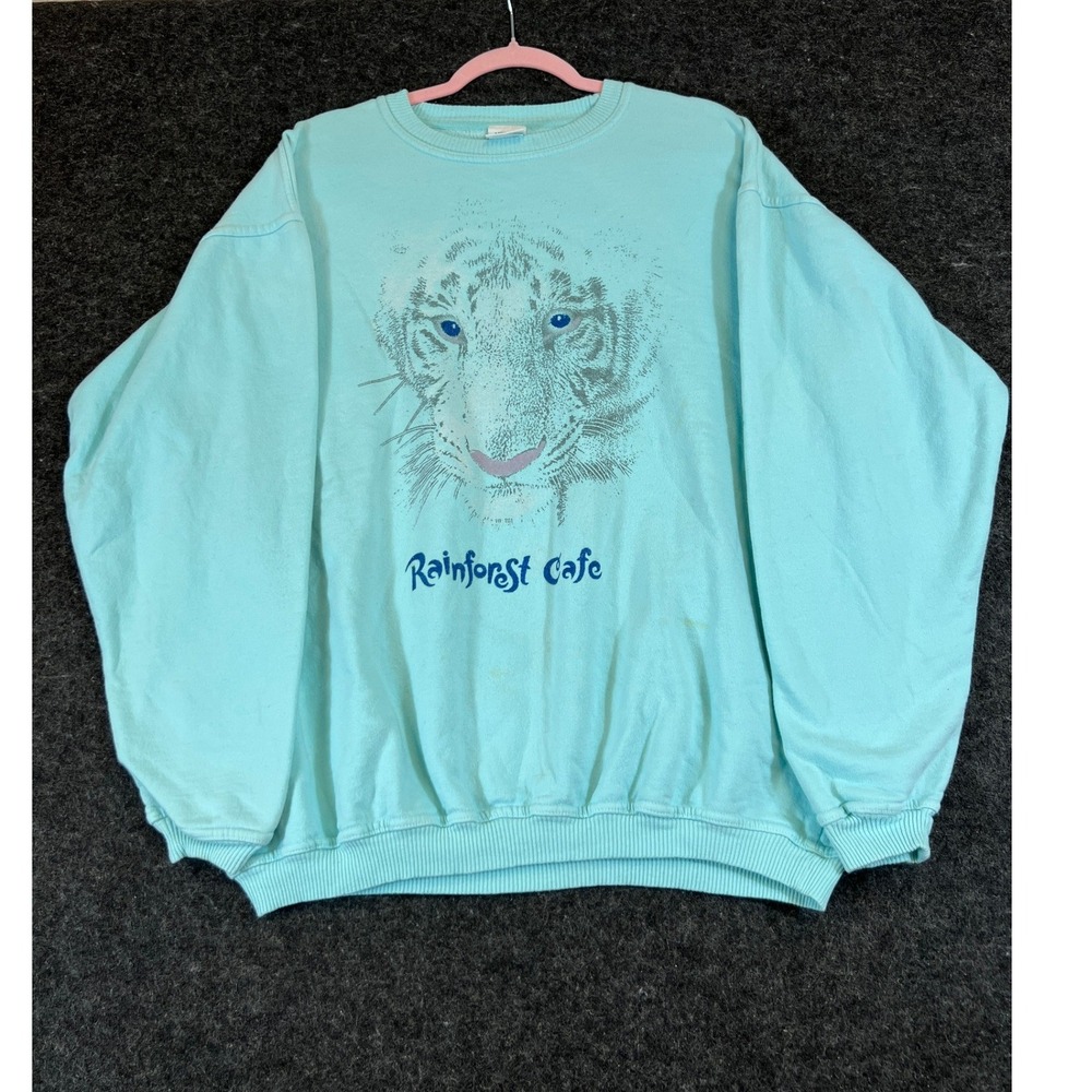Vintage 90s Rainforest Cafe White Tiger Graphic Sweatshirt Mens Medium Aqua Blue